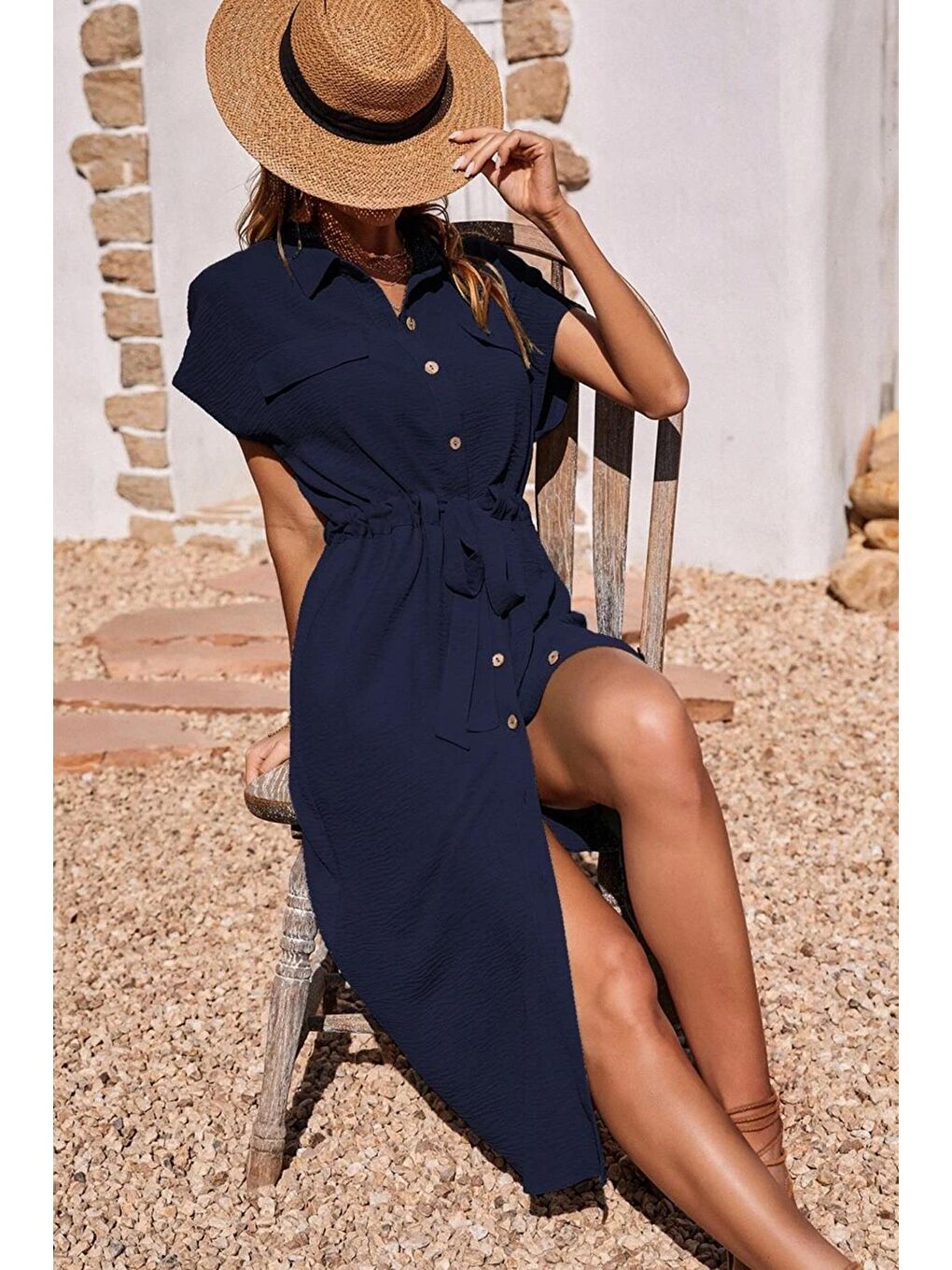 Lacivert Gömlek Yaka Uzun Elbise Mg1743-4