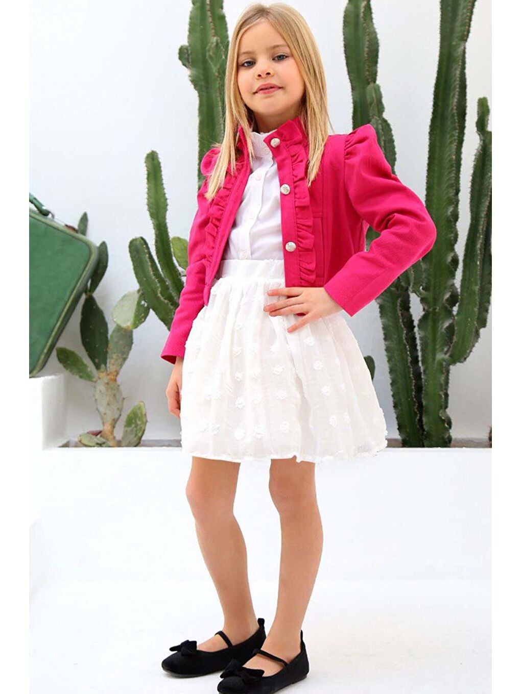 Kız Çocuk Puantiyeli Etek ve Denim Ceketli Fuşya Etekli Takım-1