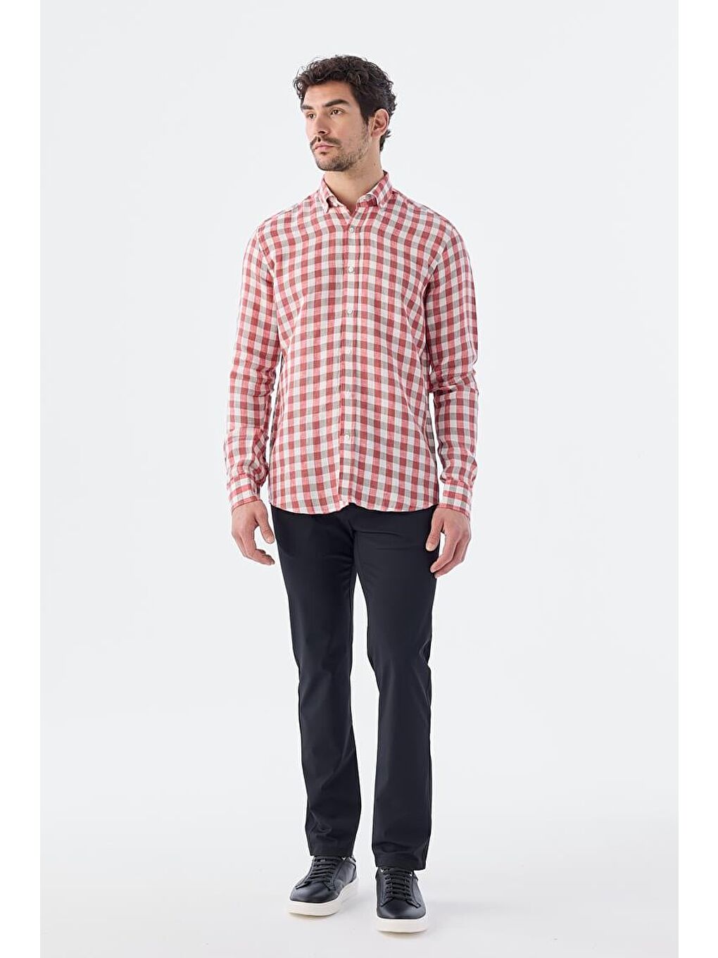 Kırmızı Comfort Fit Kareli %100 Keten Gömlek-1