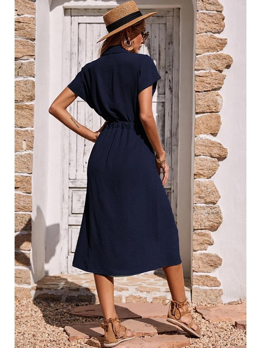 Lacivert Gömlek Yaka Uzun Elbise Mg1743-5