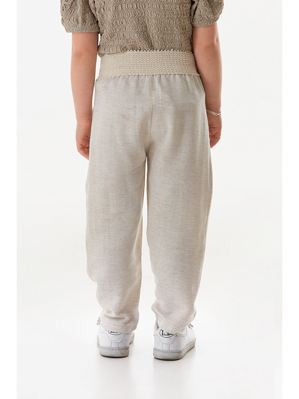 Bej Beli Lastikli Kız Çocuk Keten Pantolon-4