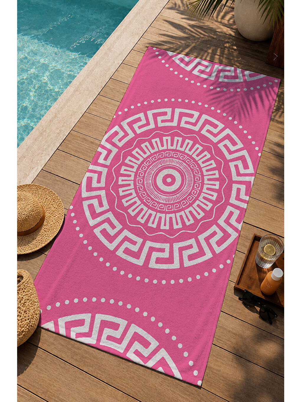 Pembe Beyaz Yunan Anahtarı Mandala Desenli 70x150 Cm Dijital Baskılı Plaj Ve Banyo Havlusu-2