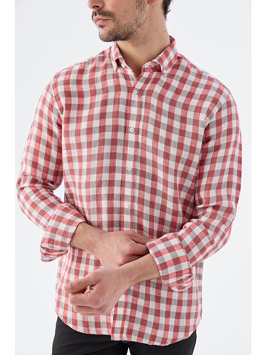 Kırmızı Comfort Fit Kareli %100 Keten Gömlek-2