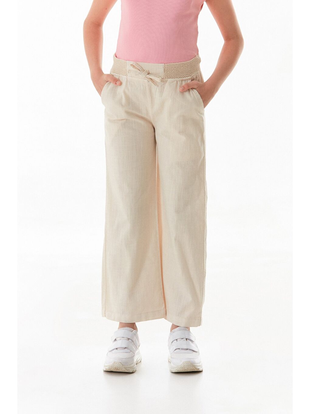 Bej Beli Lastikli Bağlamalı Kız Çocuk Keten Pantolon-2