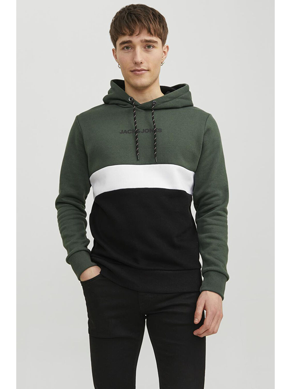 Jack & Jones Yeşil-Siyah Essentials Jjereid Renk Bloklu Kapüşonlu Erkek Sweat 12233959 - 1