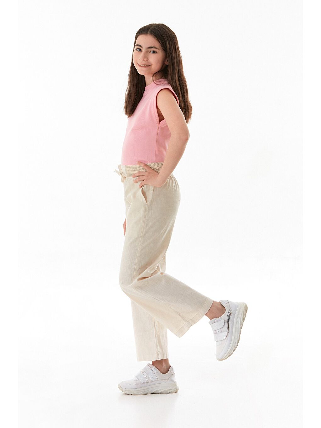 Bej Beli Lastikli Bağlamalı Kız Çocuk Keten Pantolon-3
