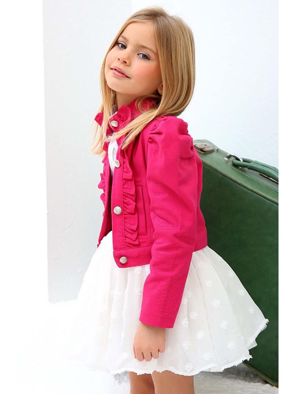 Kız Çocuk Puantiyeli Etek ve Denim Ceketli Fuşya Etekli Takım-2