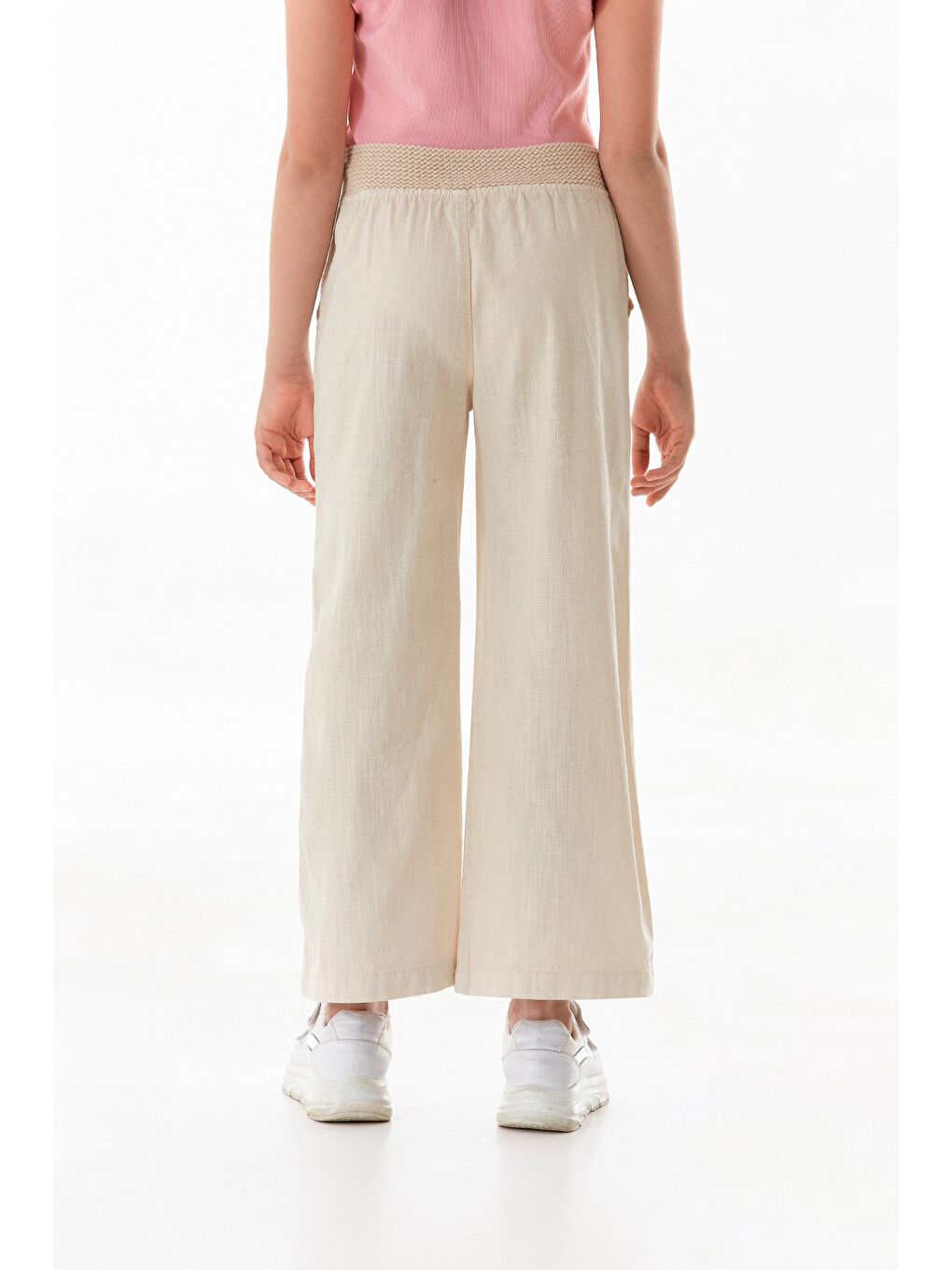Bej Beli Lastikli Bağlamalı Kız Çocuk Keten Pantolon-4