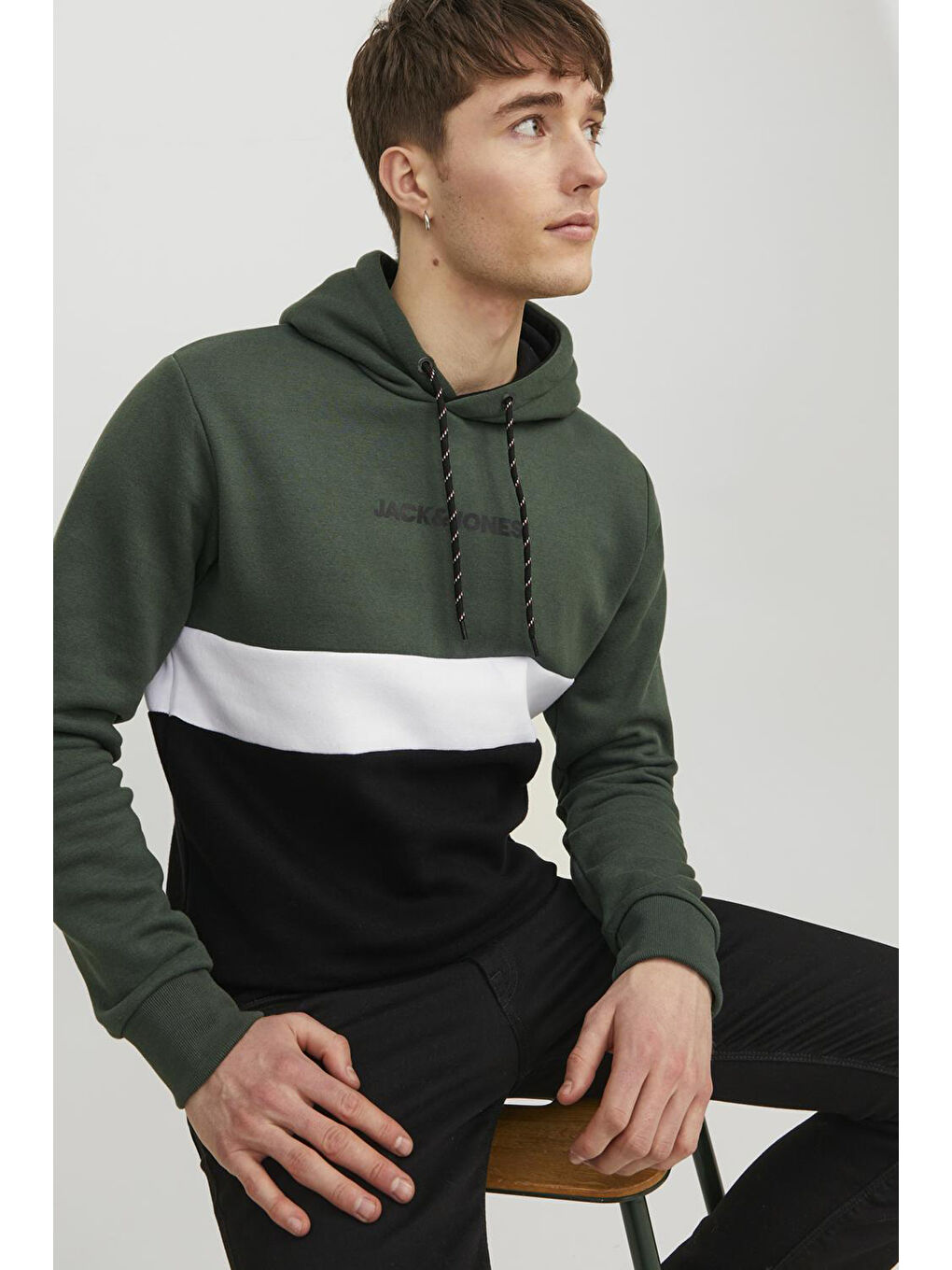 Jack & Jones Yeşil-Siyah Essentials Jjereid Renk Bloklu Kapüşonlu Erkek Sweat 12233959 - 3