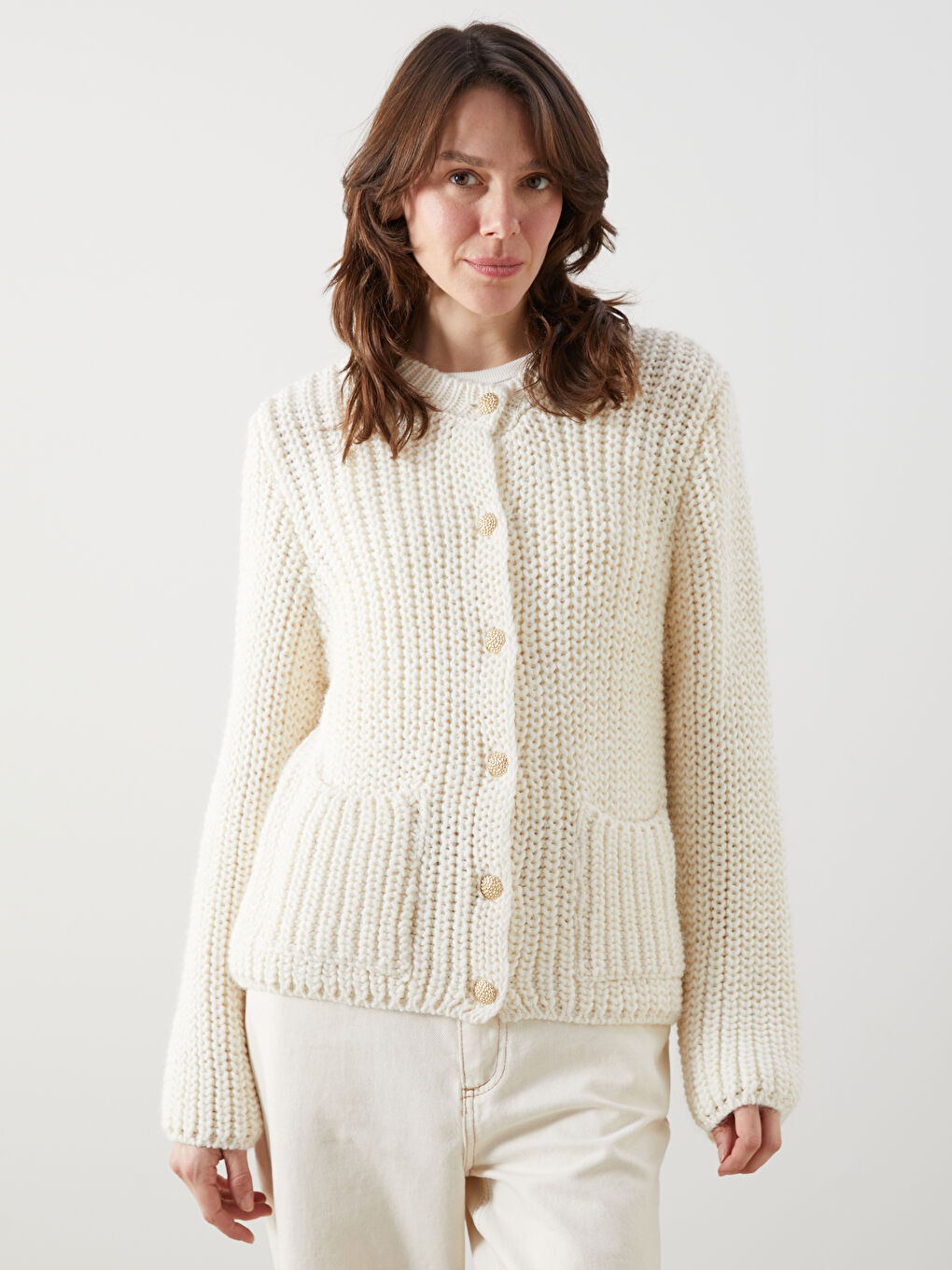 Setubal   Cepli Gold Düğme Detaylı ve Bisiklet Yaka Düz Triko Hırka    Ekru Renk