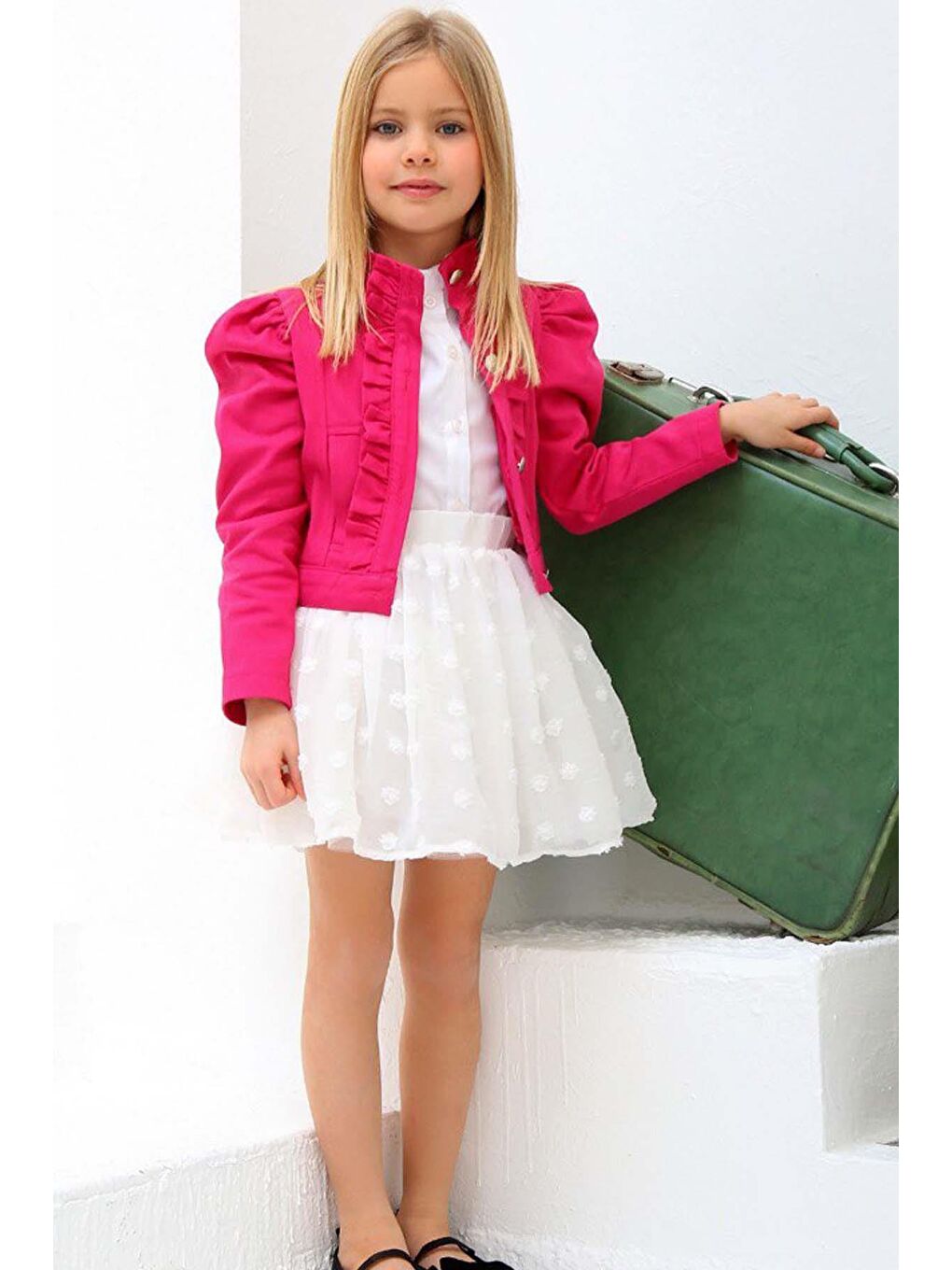 Kız Çocuk Puantiyeli Etek ve Denim Ceketli Fuşya Etekli Takım-3