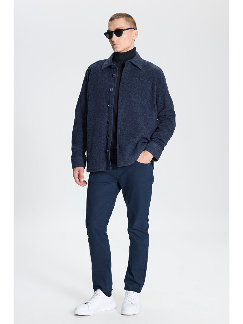 Erkek Lacivert Oversize Geniş Kesim Klasik Yaka Yünlü Kırçıl Desenli Flanel Gömlek Ceket-1