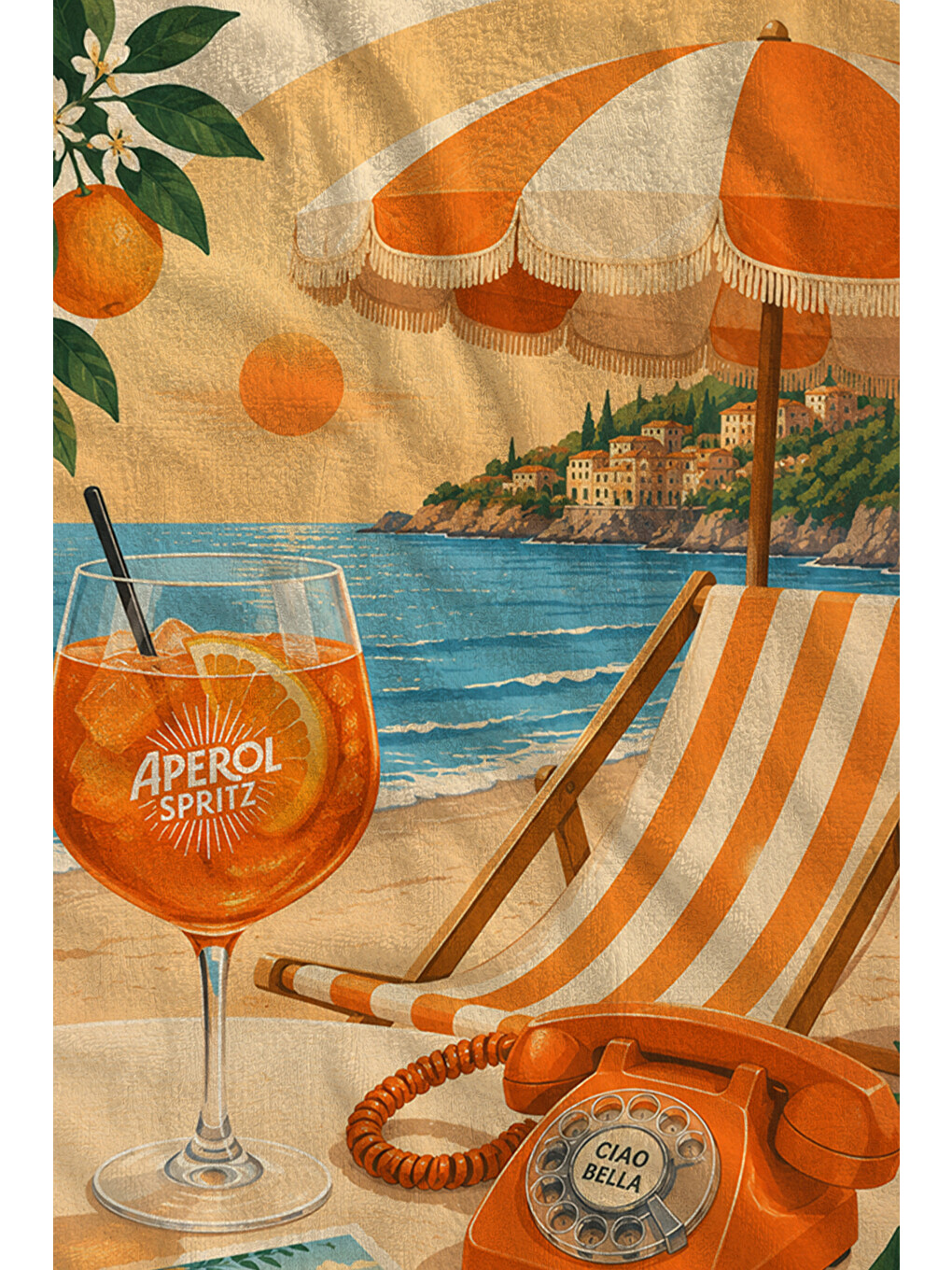 Retro Turuncu Şemsiye Ve Sahil Tatili Posteri Desenli 70x150 Plaj Havlusu - Pamuklu Banyo Havlusu-2