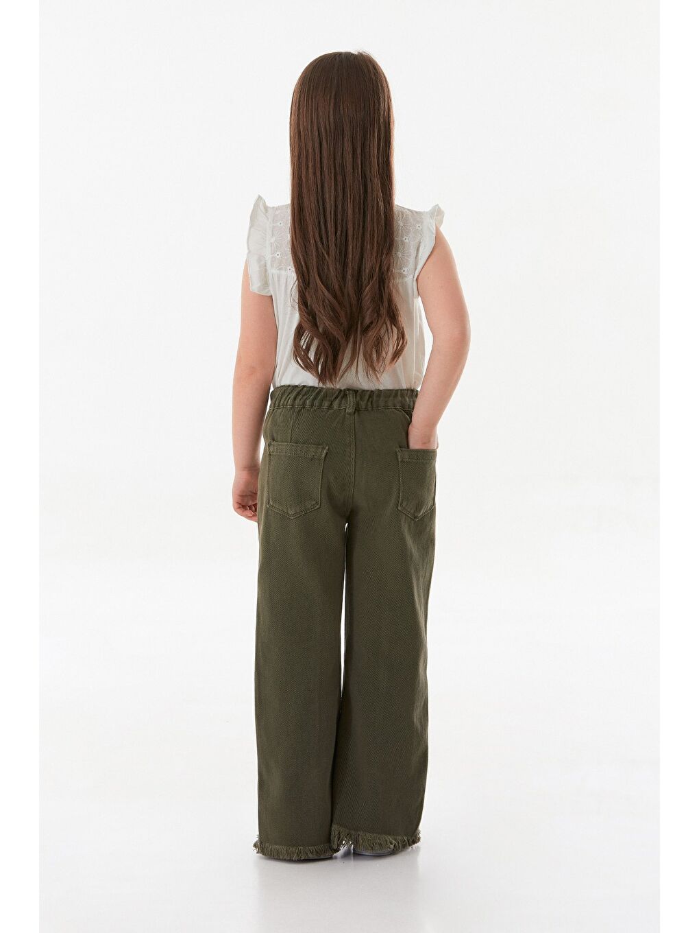 Haki Çiçek Nakışlı Paçası Püsküllü Kız Çocuk Pantolon-4