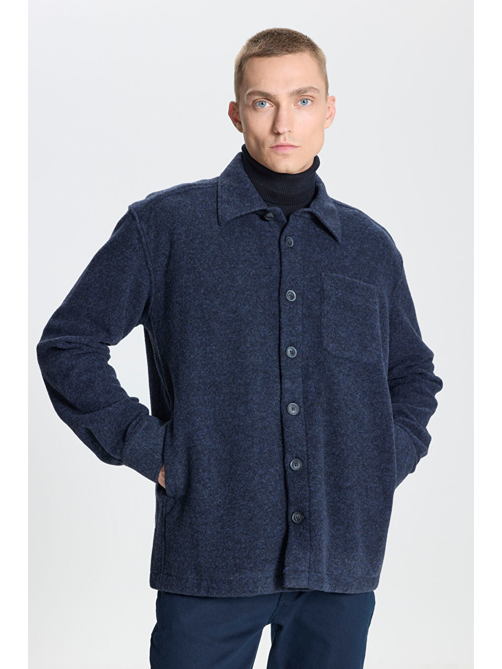 Erkek Lacivert Oversize Geniş Kesim Klasik Yaka Yünlü Kırçıl Desenli Flanel Gömlek Ceket-2