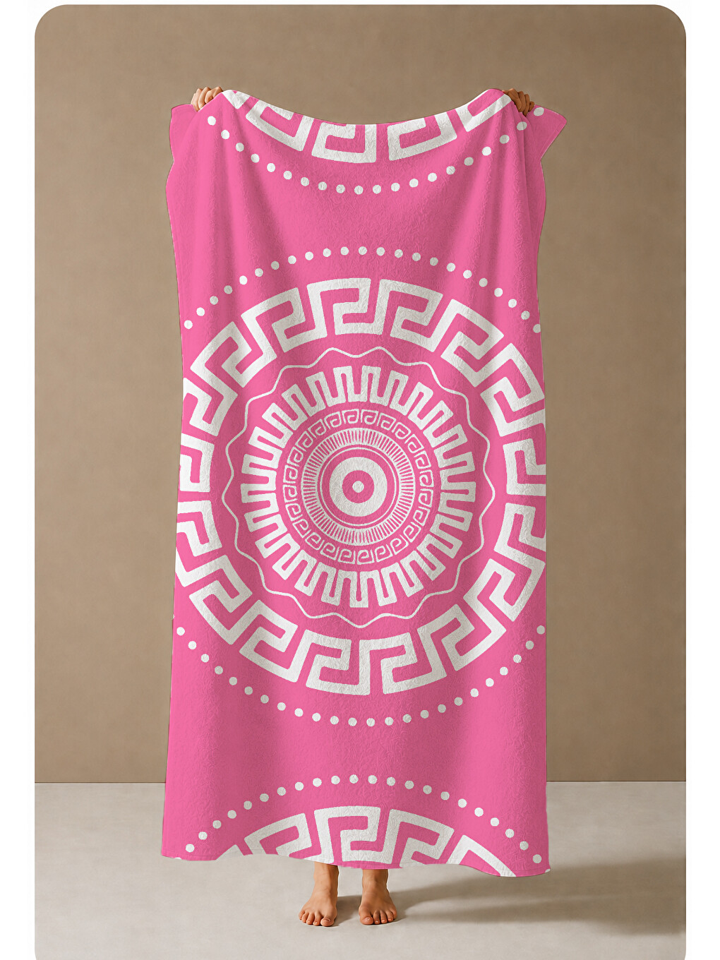 Pembe Beyaz Yunan Anahtarı Mandala Desenli 70x150 Cm Dijital Baskılı Plaj Ve Banyo Havlusu-3