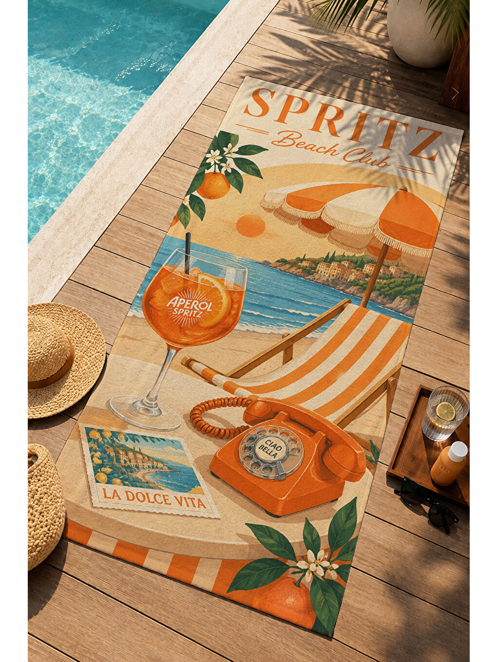 Retro Turuncu Şemsiye Ve Sahil Tatili Posteri Desenli 70x150 Plaj Havlusu - Pamuklu Banyo Havlusu-3