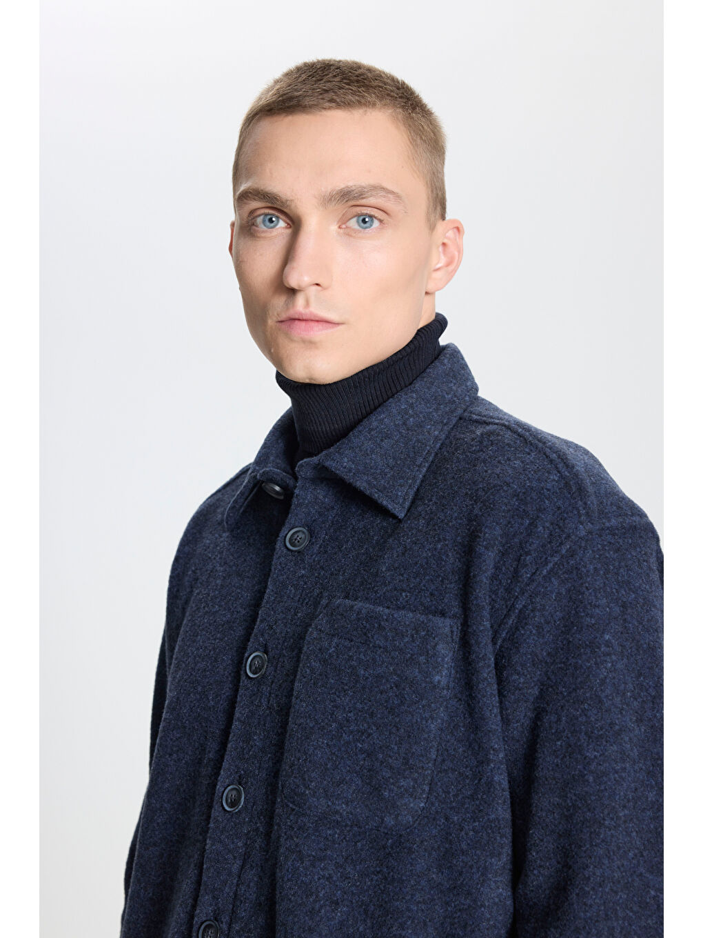 Erkek Lacivert Oversize Geniş Kesim Klasik Yaka Yünlü Kırçıl Desenli Flanel Gömlek Ceket-3