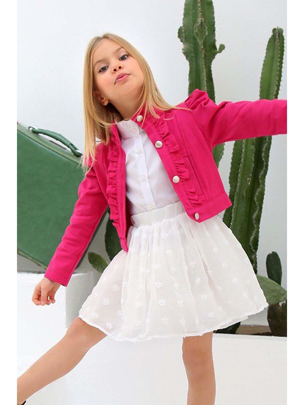 Kız Çocuk Puantiyeli Etek ve Denim Ceketli Fuşya Etekli Takım-4