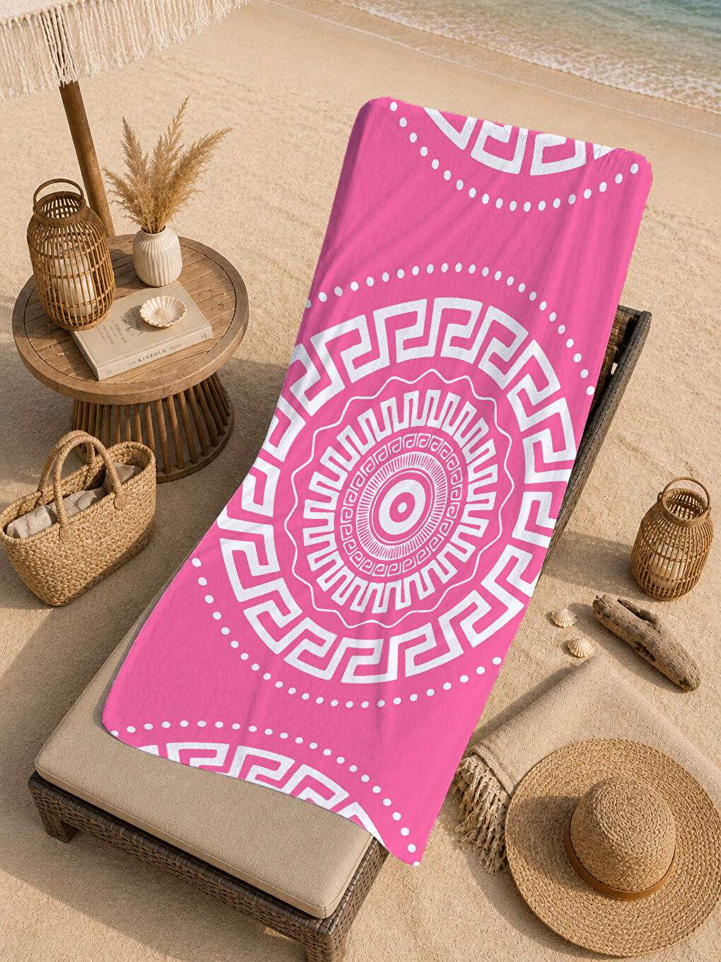 Pembe Beyaz Yunan Anahtarı Mandala Desenli 70x150 Cm Dijital Baskılı Plaj Ve Banyo Havlusu-4