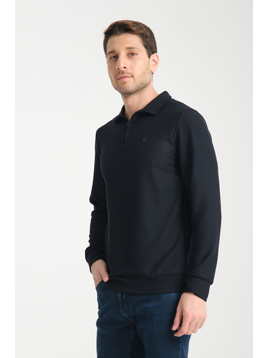 Lacivert Erkek Yarım Fermuarlı Uzun Kol Sweatshirt 7702-1