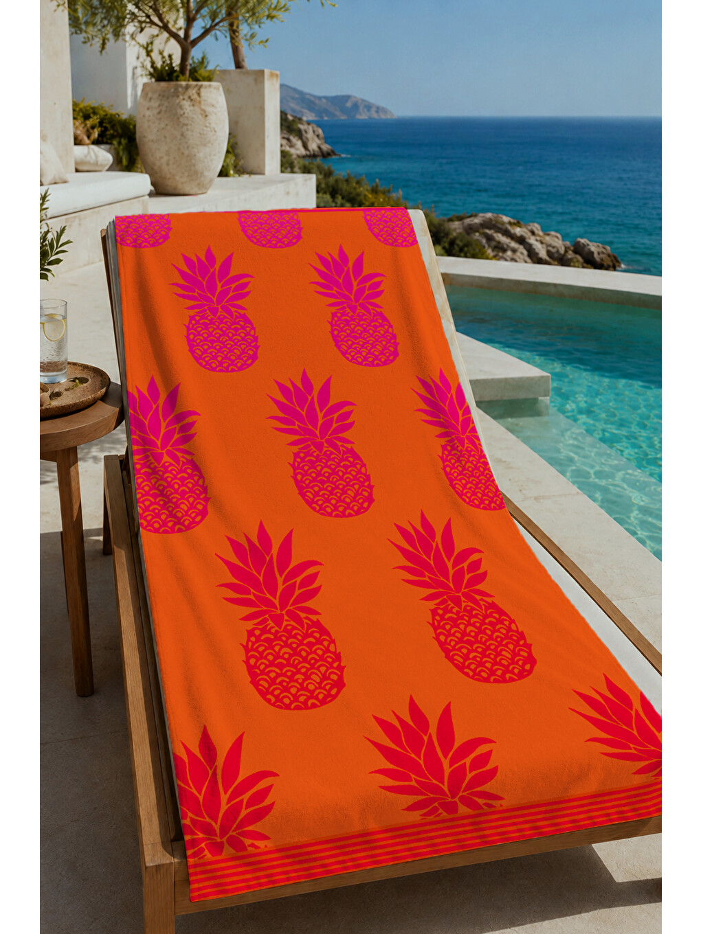 Mercan Pembe Ananas Desenli 70x150 Cm Dijital Baskılı Plaj Ve Banyo Havlusu