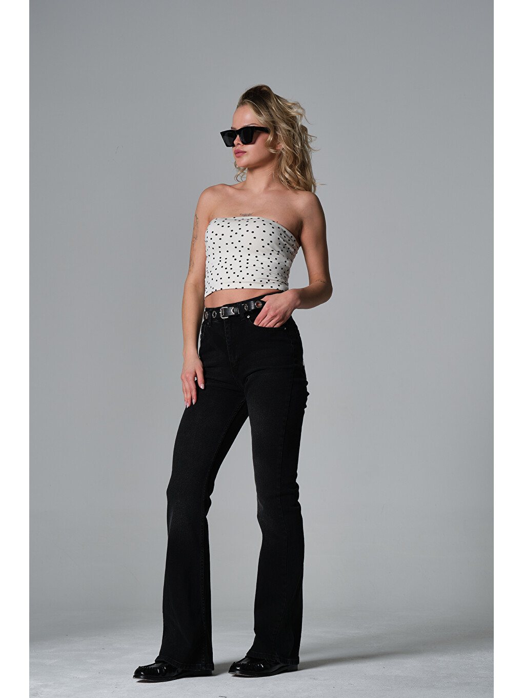 Gri Normal bel kot, ispanyol paça esnek denim kumaş kadın fit and Flare jean pantolon @Morales-3