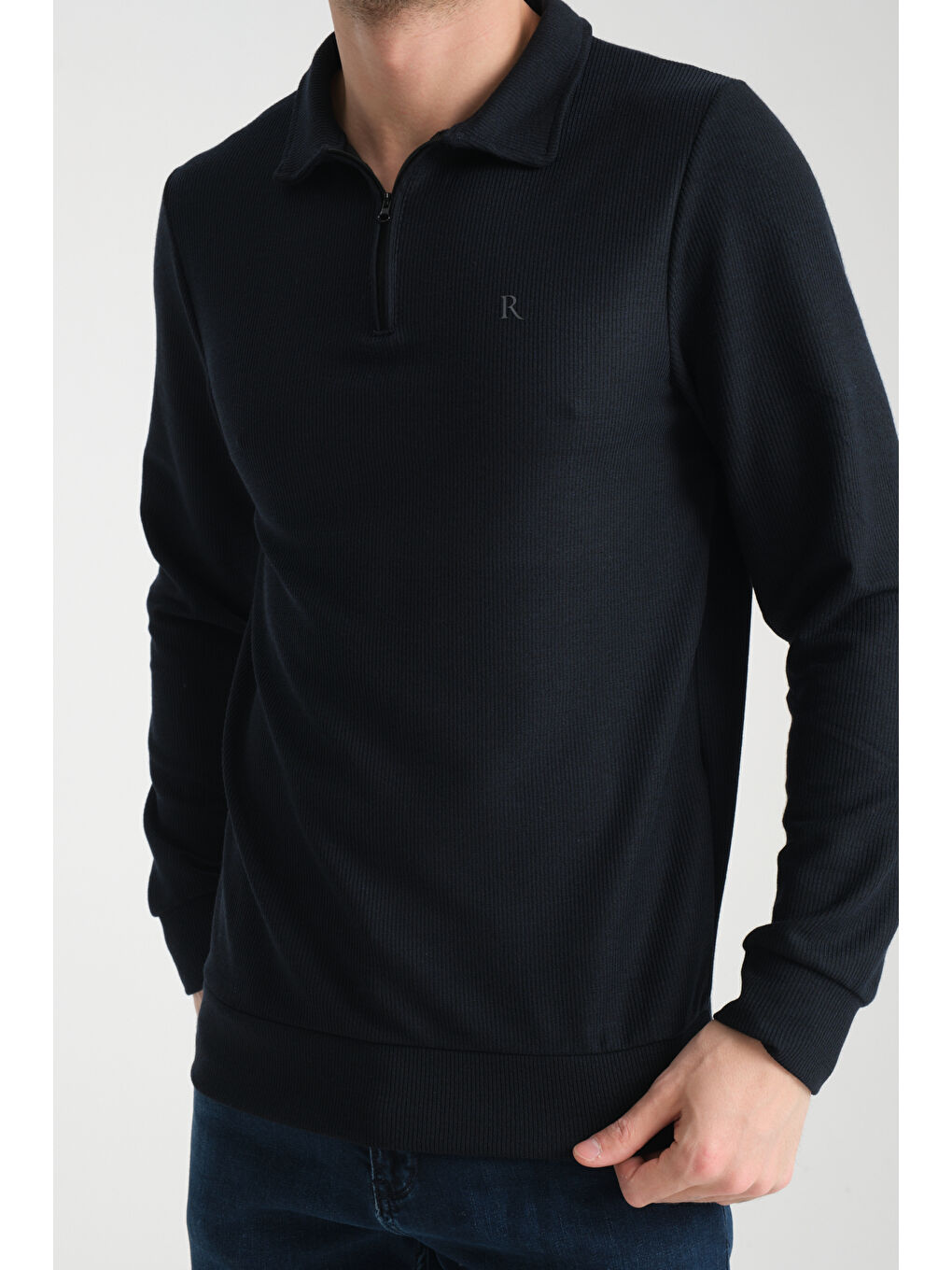 Lacivert Erkek Yarım Fermuarlı Uzun Kol Sweatshirt 7702-2