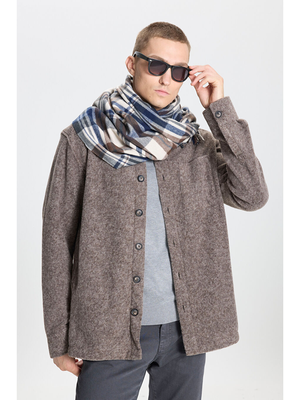 Kahverengi Erkek Açık Kahve Oversize Geniş Kesim Klasik Yaka Yünlü Kırçıl Desenli Flanel Gömlek Ceket