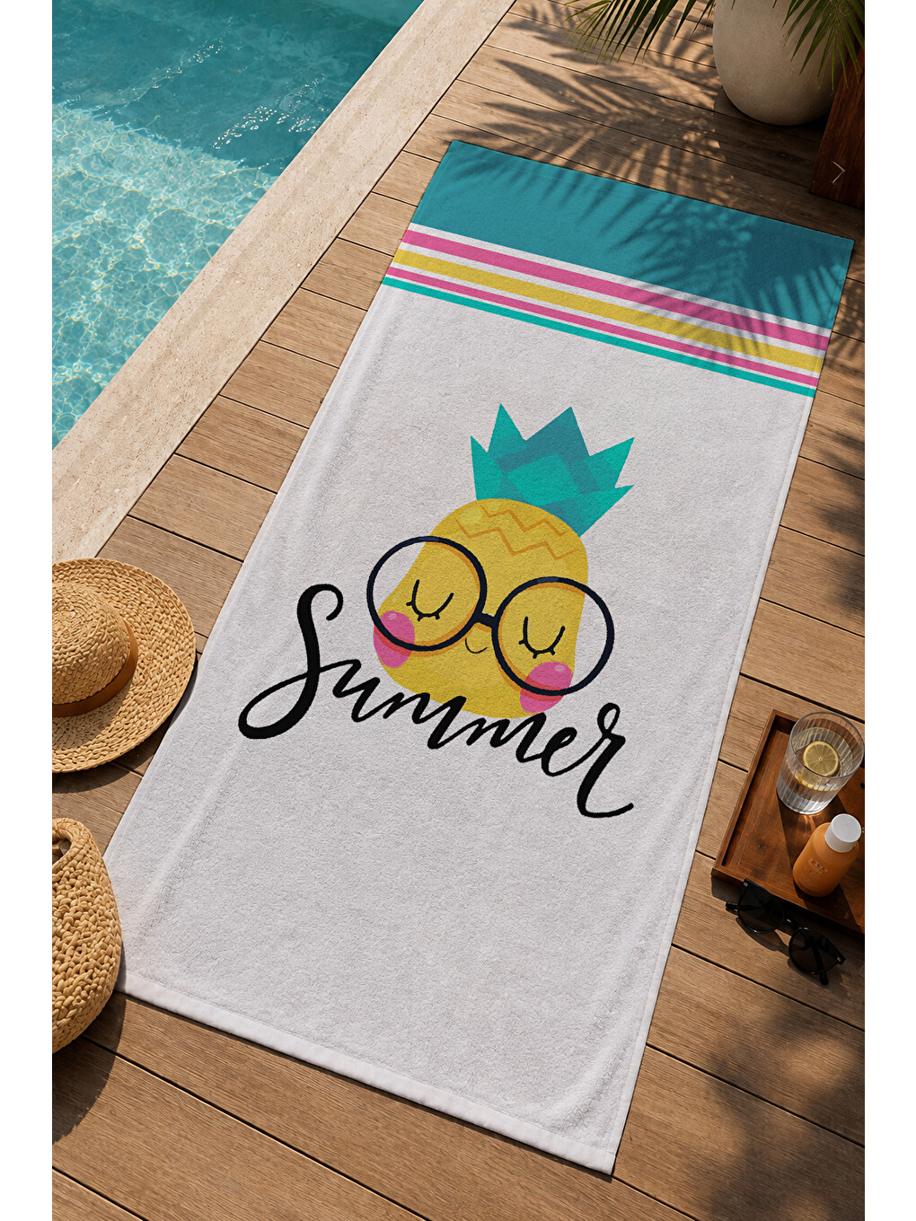Beyaz Ananas Ve Summer Yazılı 70x150 Cm Dijital Baskılı Plaj Ve Banyo Havlusu-2
