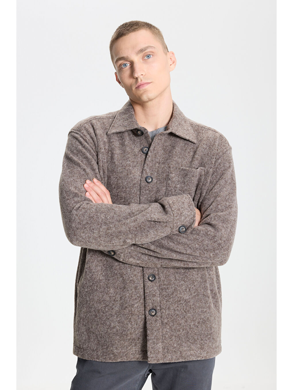 Kahverengi Erkek Açık Kahve Oversize Geniş Kesim Klasik Yaka Yünlü Kırçıl Desenli Flanel Gömlek Ceket-2