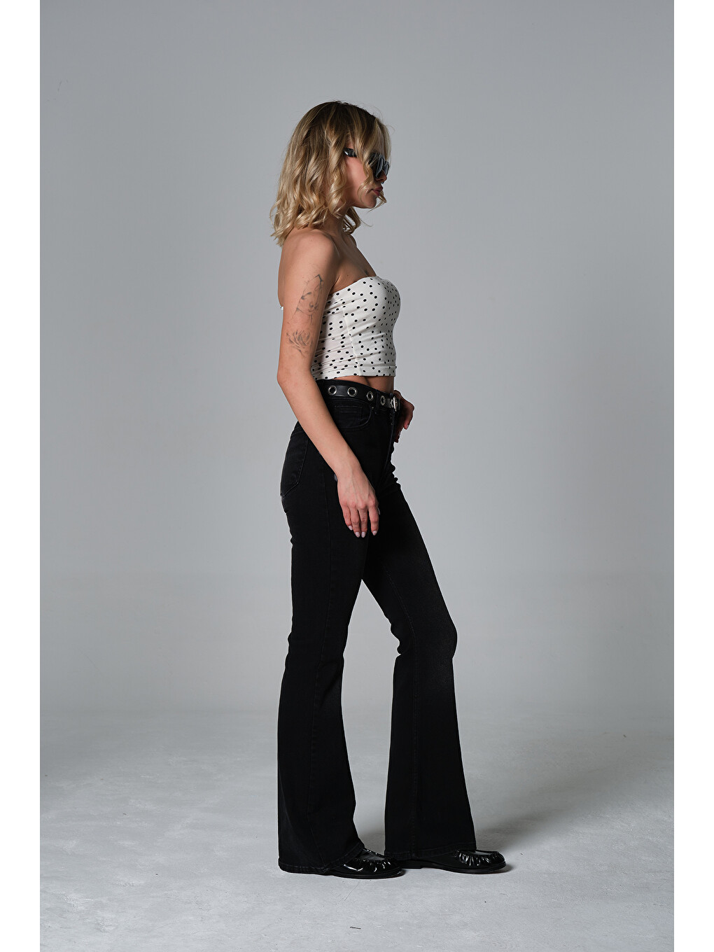 Gri Normal bel kot, ispanyol paça esnek denim kumaş kadın fit and Flare jean pantolon @Morales-5