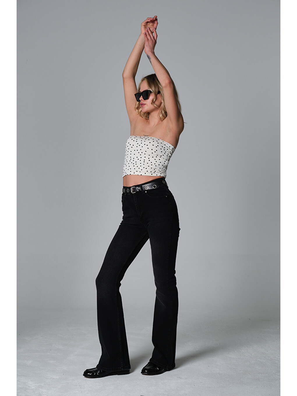 Gri Normal bel kot, ispanyol paça esnek denim kumaş kadın fit and Flare jean pantolon @Morales-6