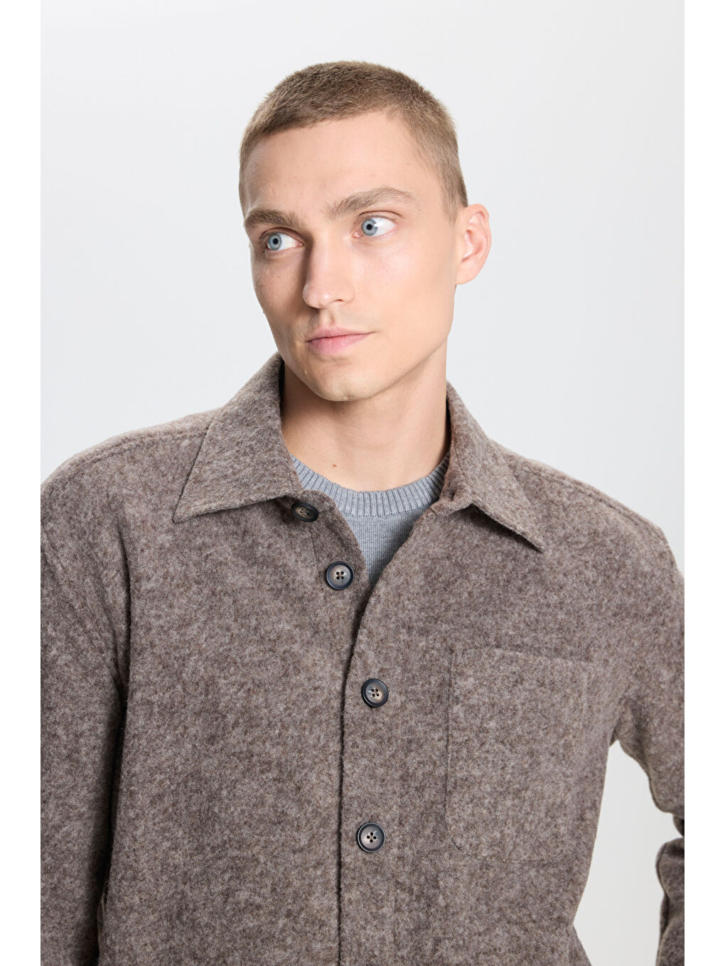Kahverengi Erkek Açık Kahve Oversize Geniş Kesim Klasik Yaka Yünlü Kırçıl Desenli Flanel Gömlek Ceket-3