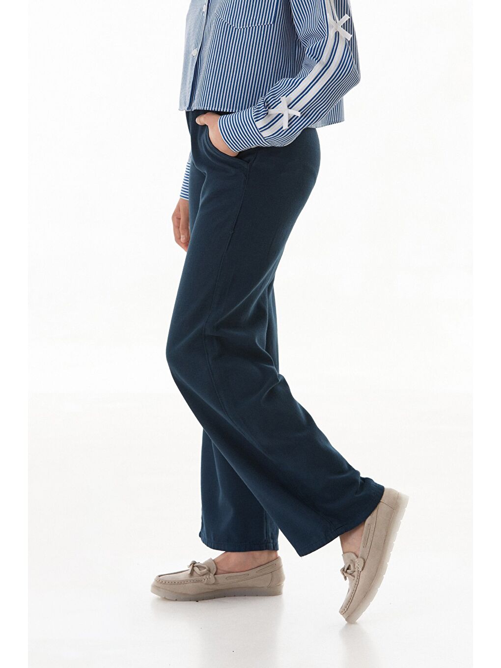 Lacivert %100 Pamuk Beli Lastikli Kız Çocuk Pantolon-1