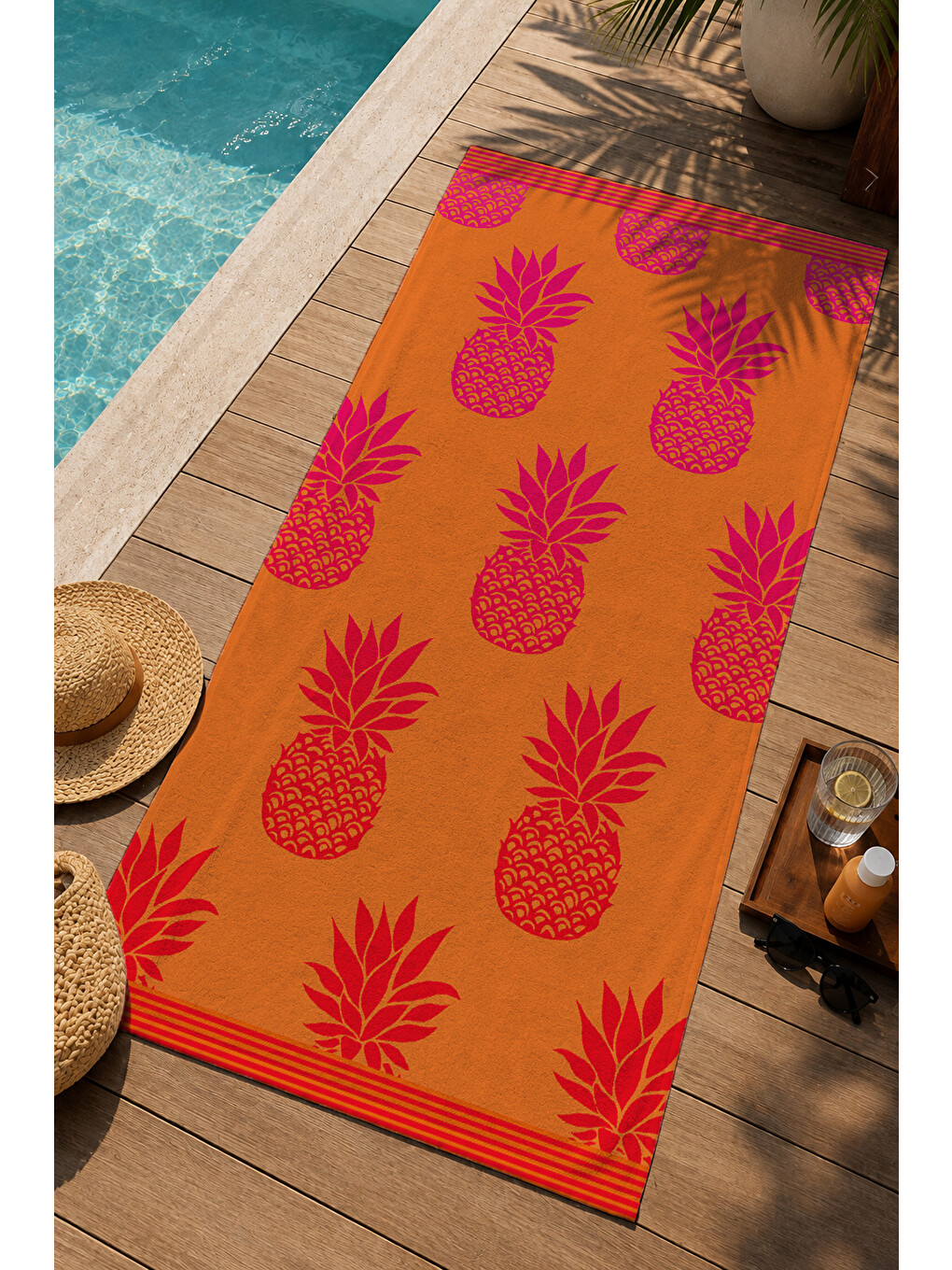 Mercan Pembe Ananas Desenli 70x150 Cm Dijital Baskılı Plaj Ve Banyo Havlusu-2