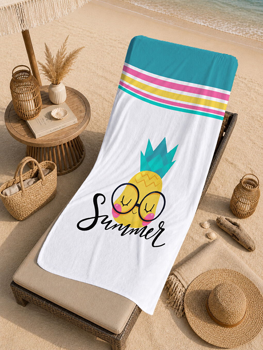 Beyaz Ananas Ve Summer Yazılı 70x150 Cm Dijital Baskılı Plaj Ve Banyo Havlusu-4