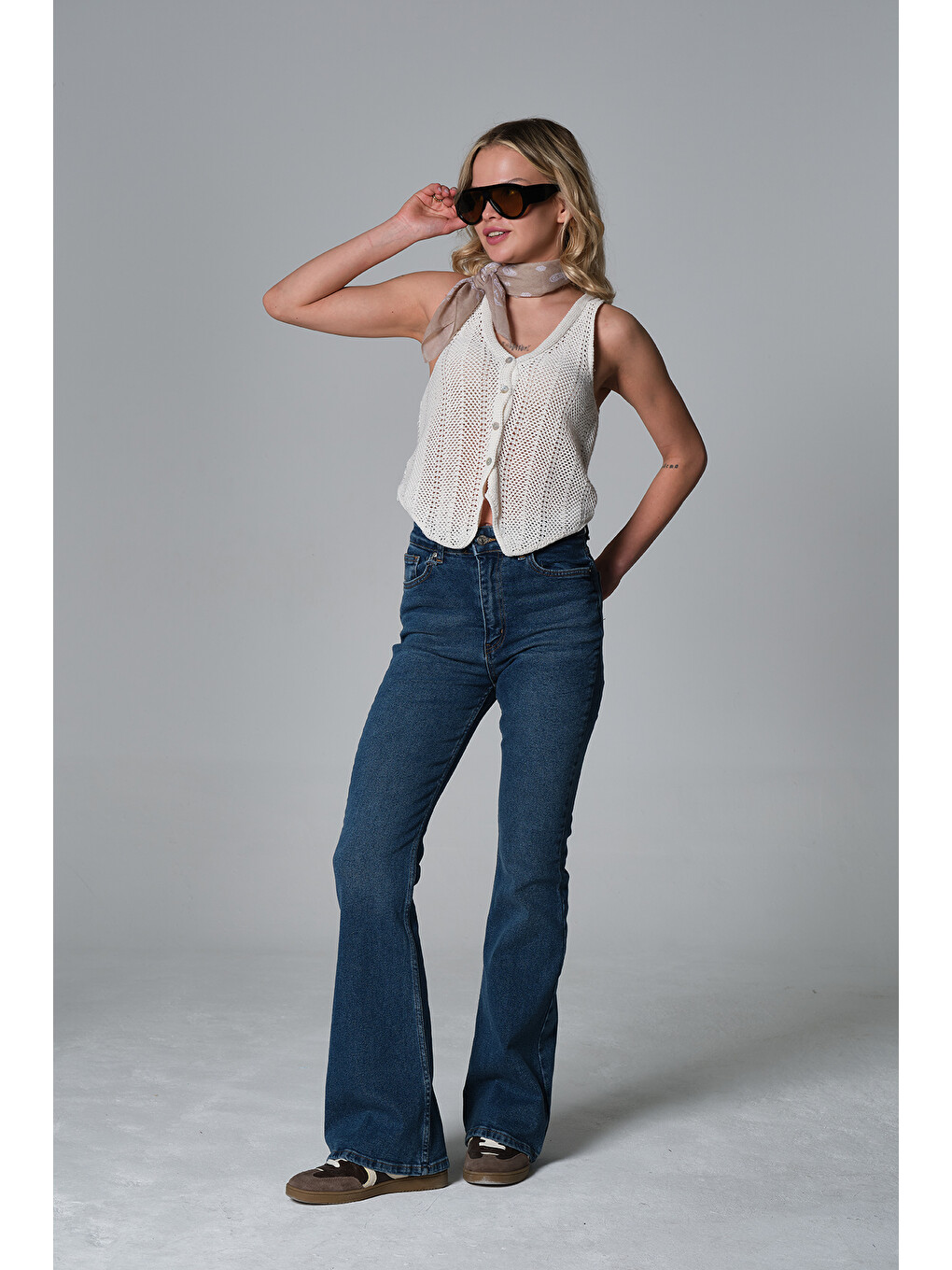 Mavi Normal bel kot, ispanyol paça esnek denim kumaş kadın fit and Flare jean pantolon @Morales-1