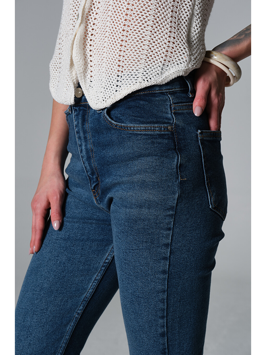 Mavi Normal bel kot, ispanyol paça esnek denim kumaş kadın fit and Flare jean pantolon @Morales-2