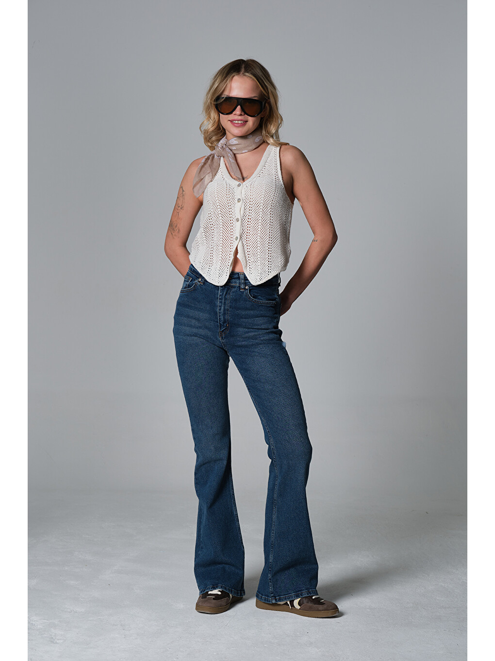Mavi Normal bel kot, ispanyol paça esnek denim kumaş kadın fit and Flare jean pantolon @Morales-3