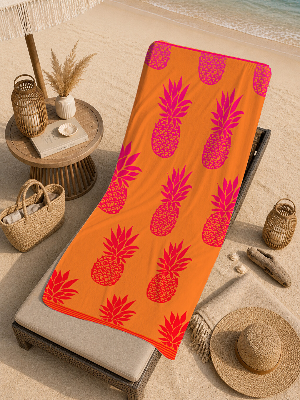 Mercan Pembe Ananas Desenli 70x150 Cm Dijital Baskılı Plaj Ve Banyo Havlusu-4