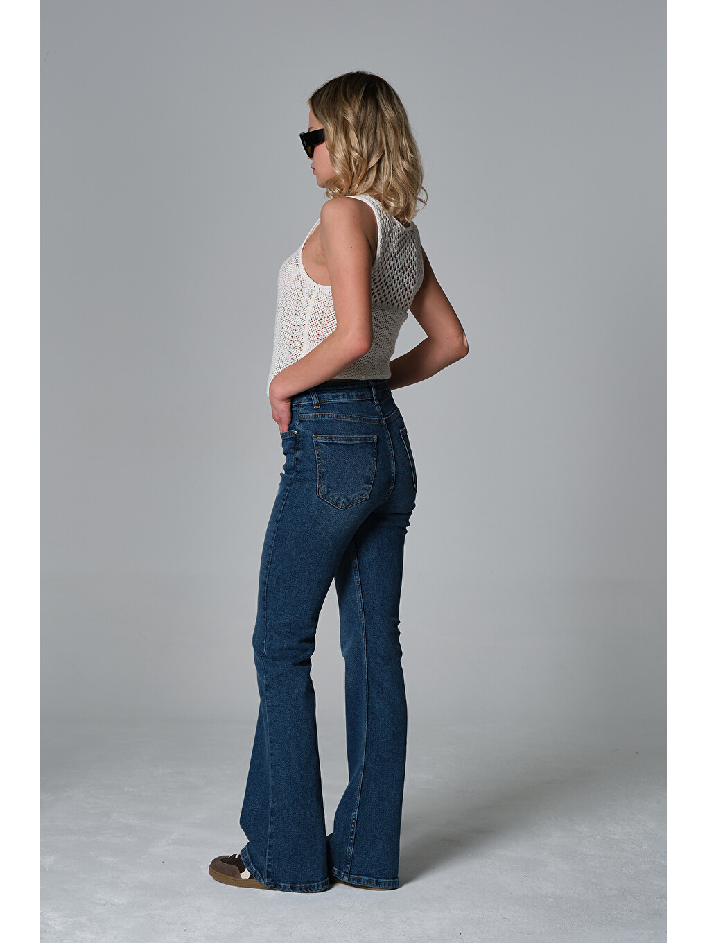 Mavi Normal bel kot, ispanyol paça esnek denim kumaş kadın fit and Flare jean pantolon @Morales-5