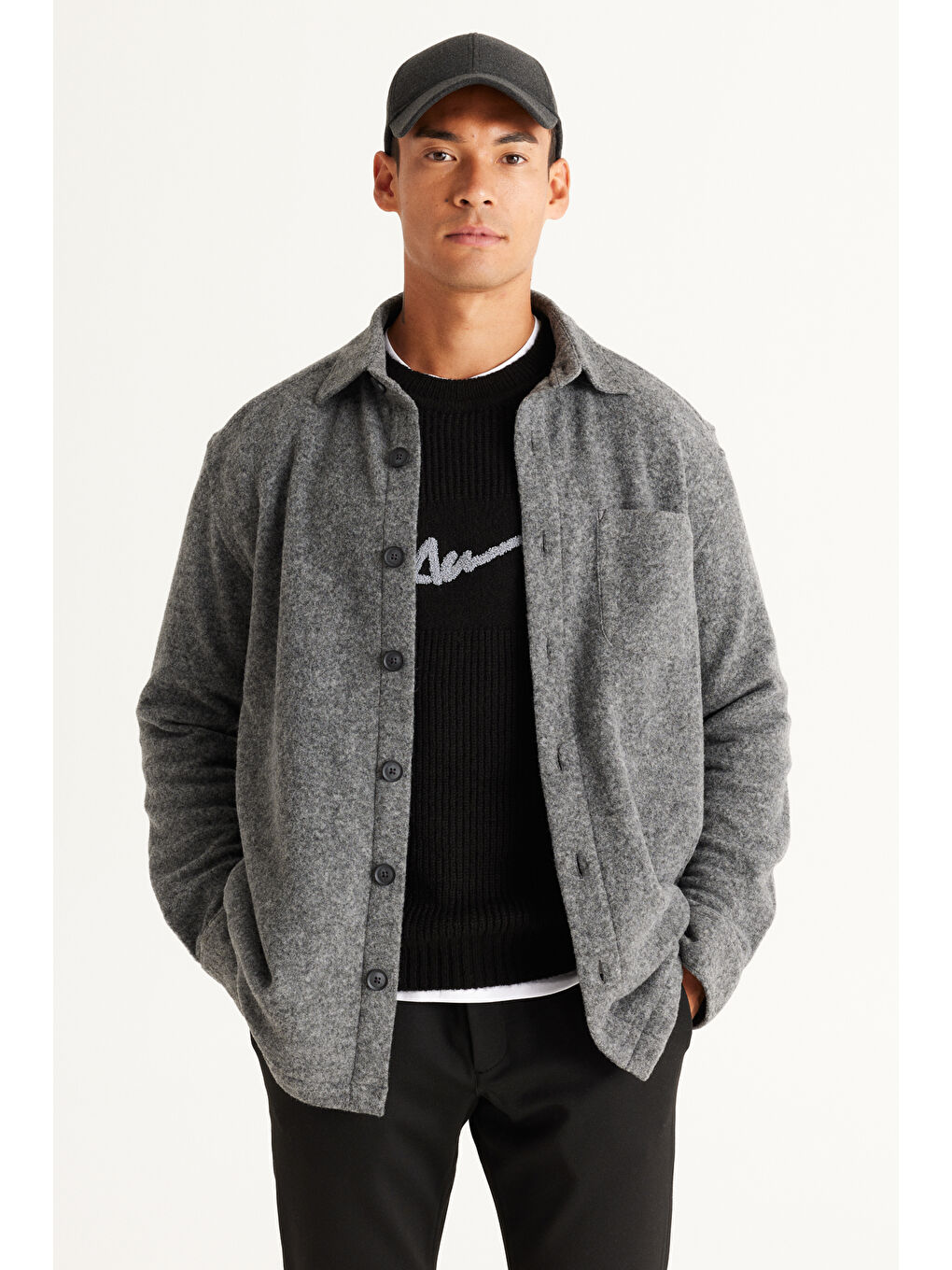 Erkek Gri Oversize Geniş Kesim Klasik Yaka Yünlü Kırçıl Desenli Flanel Gömlek Ceket