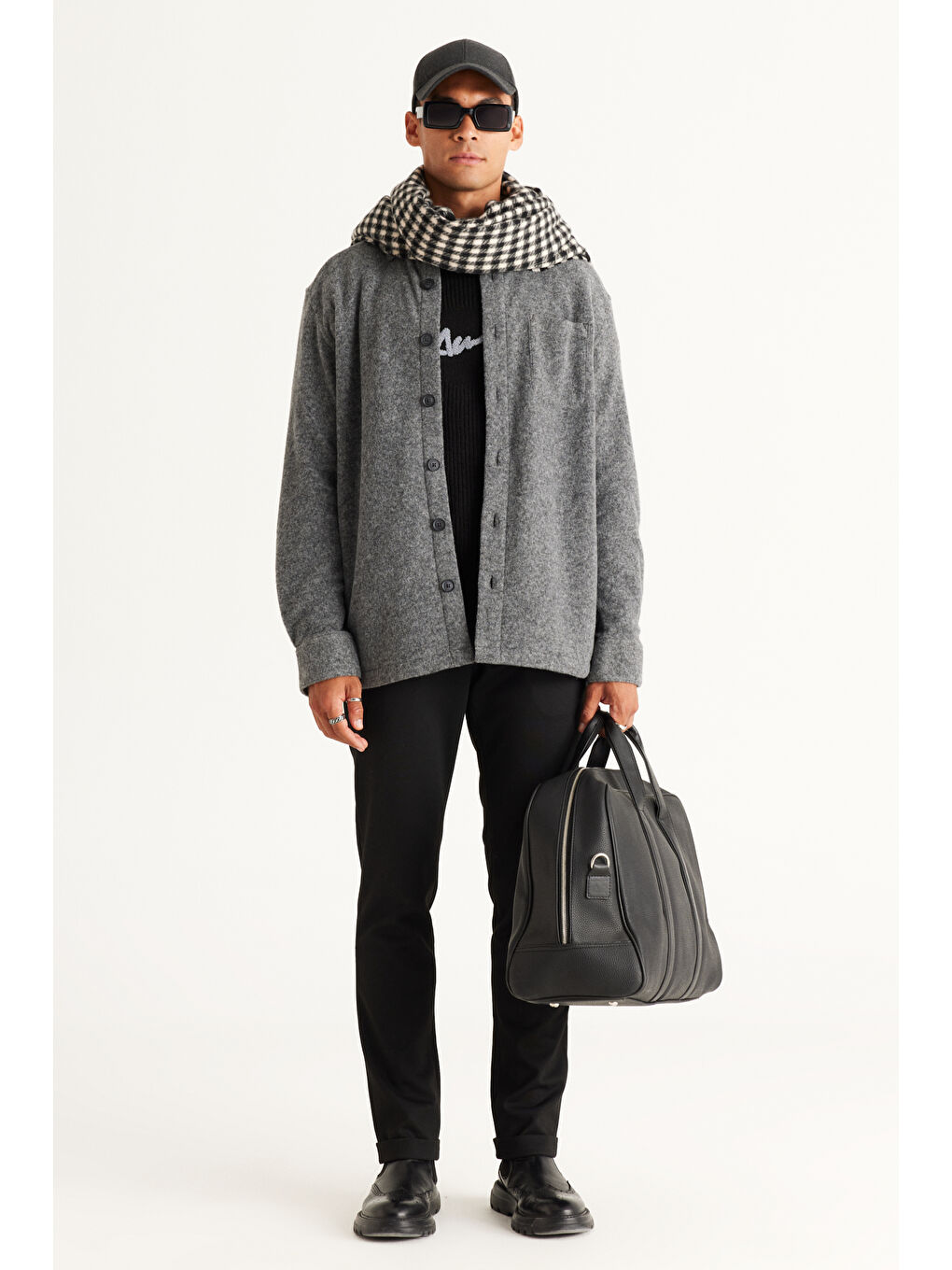 Erkek Gri Oversize Geniş Kesim Klasik Yaka Yünlü Kırçıl Desenli Flanel Gömlek Ceket-2