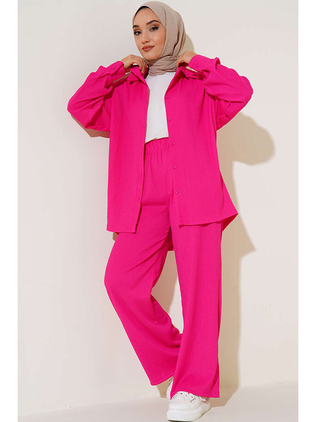 T5858 Örme Tesettür İkili Takım - Fuşya