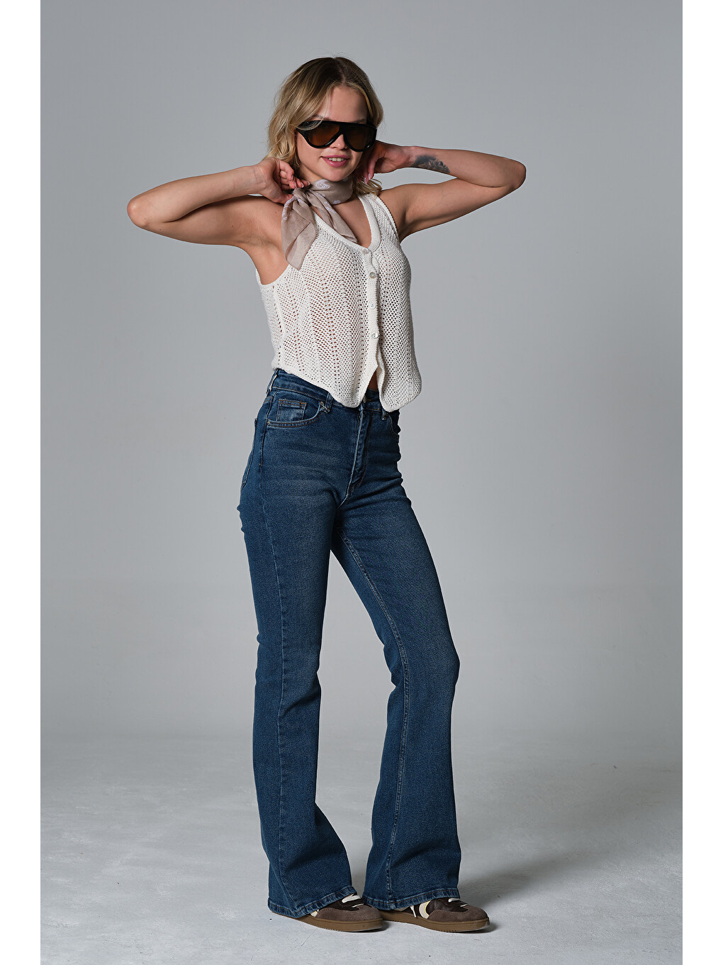 Mavi Normal bel kot, ispanyol paça esnek denim kumaş kadın fit and Flare jean pantolon @Morales-7