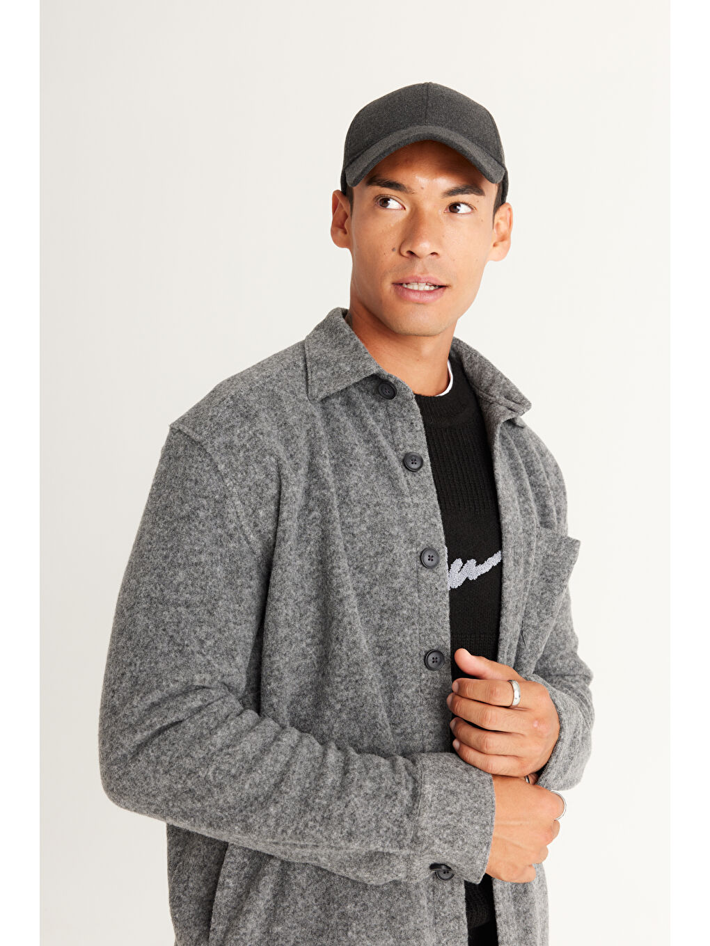 Erkek Gri Oversize Geniş Kesim Klasik Yaka Yünlü Kırçıl Desenli Flanel Gömlek Ceket-3