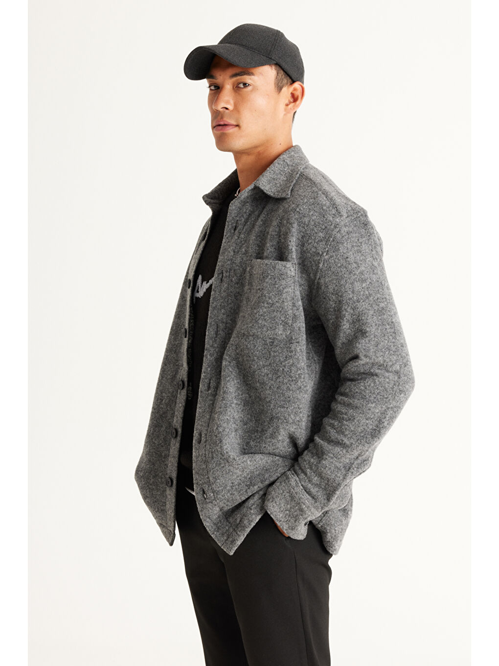 Erkek Gri Oversize Geniş Kesim Klasik Yaka Yünlü Kırçıl Desenli Flanel Gömlek Ceket-4