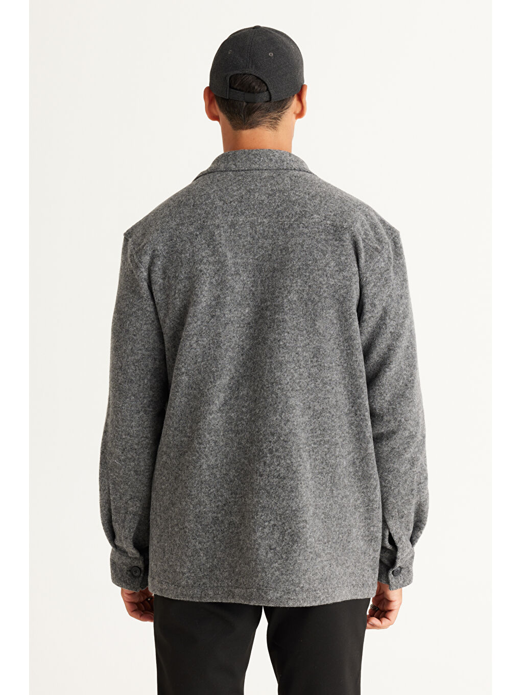 Erkek Gri Oversize Geniş Kesim Klasik Yaka Yünlü Kırçıl Desenli Flanel Gömlek Ceket-5