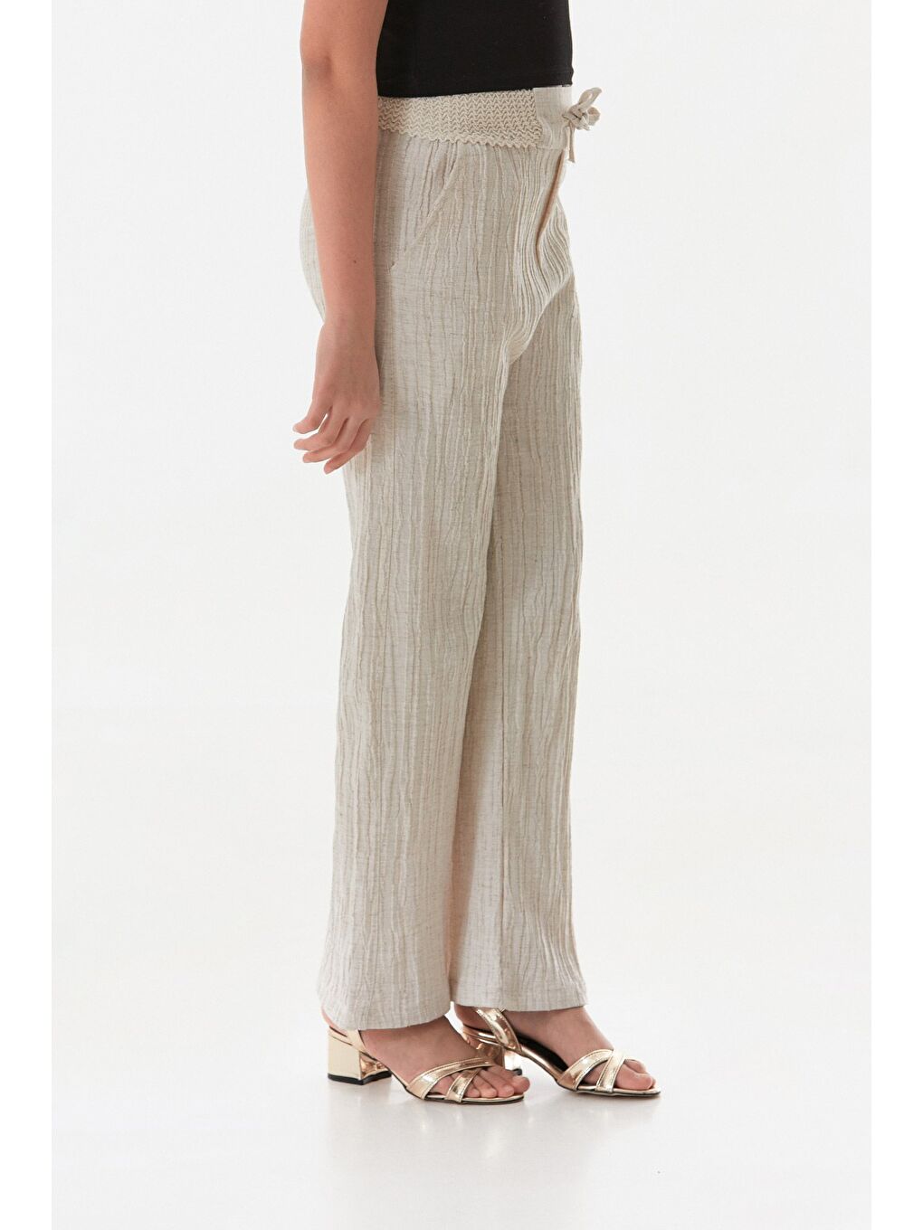 Bej Beli Bağlamalı Krep Kumaş Kız Çocuk Pantolon-2